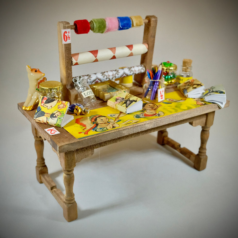 Thumbnail: Unique curated dollhouse haberdashery tables 1:12 scale furniture