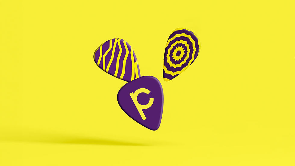 One guitar pick in all Project Purple with a Rock Yellow Project Culture logo; the other two showcase unique patterns in Project Purple and Rock Yellow.
