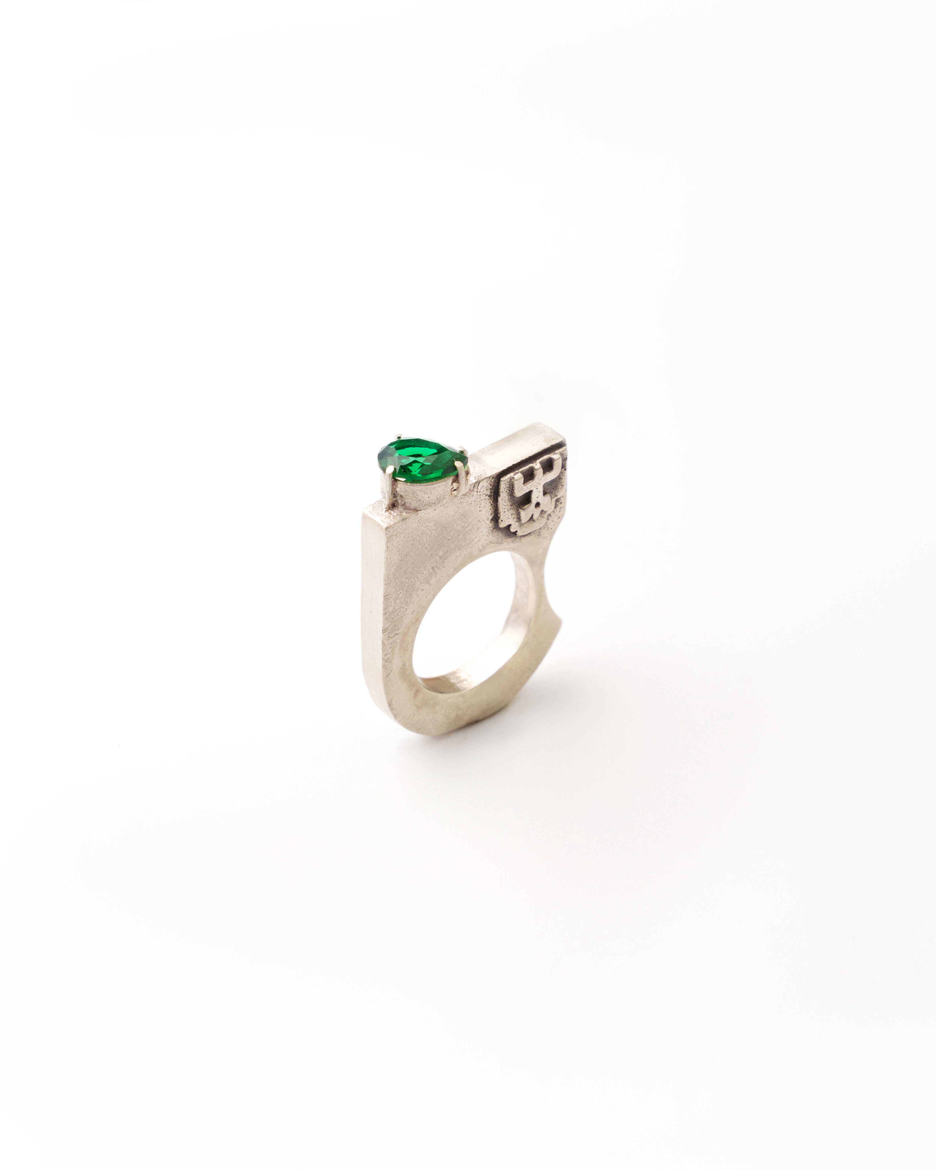 Rising Ground handmade tapered cocktail ring with green stone by Rawa