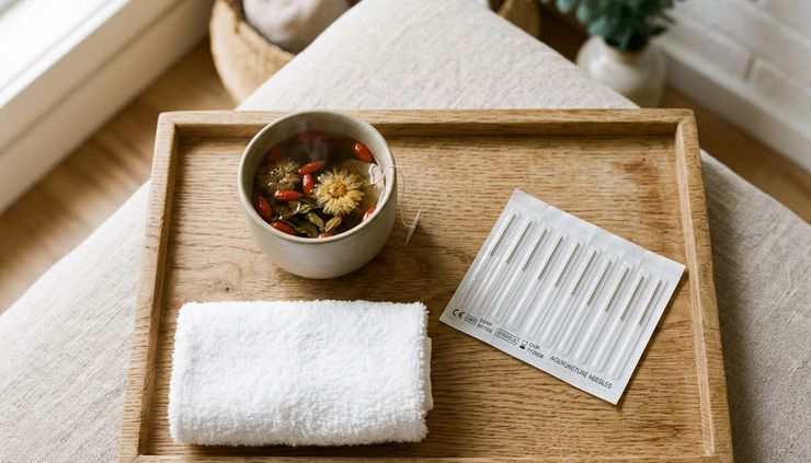 Overhead view of acupuncture tools arranged beside a towel and herbal tea