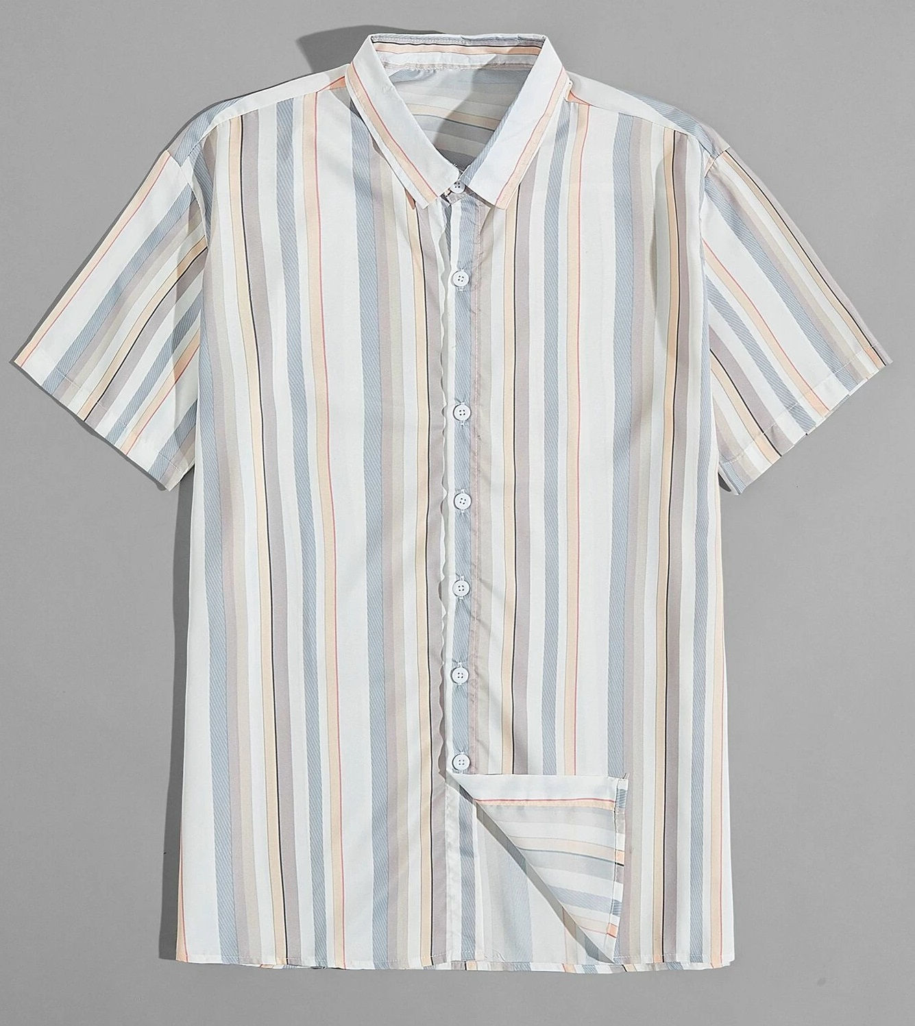 White/Blue/Peach Stripe Button Short Sleeve