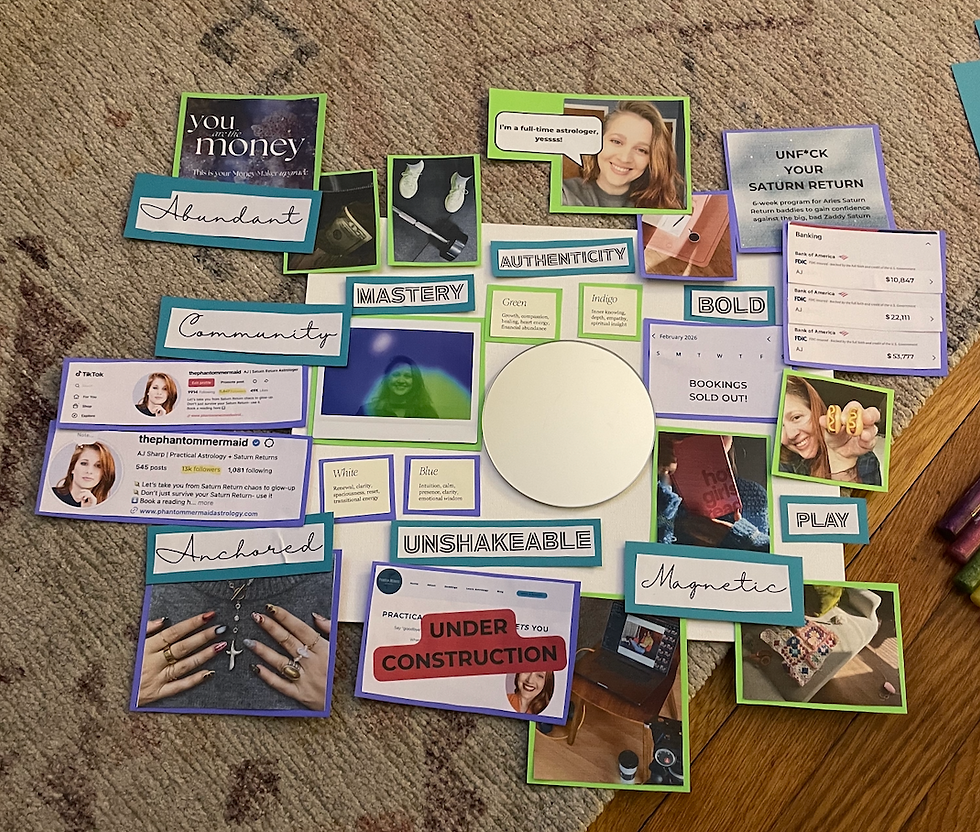 Collage on carpet with words like "Abundant" and "Mastery," photos, and cards. Includes phrases: "UNF*CK YOUR SATURN RETURN" and "UNDER CONSTRUCTION."