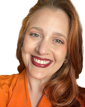 AJ smiling wearing red lipstick and an orange shirt