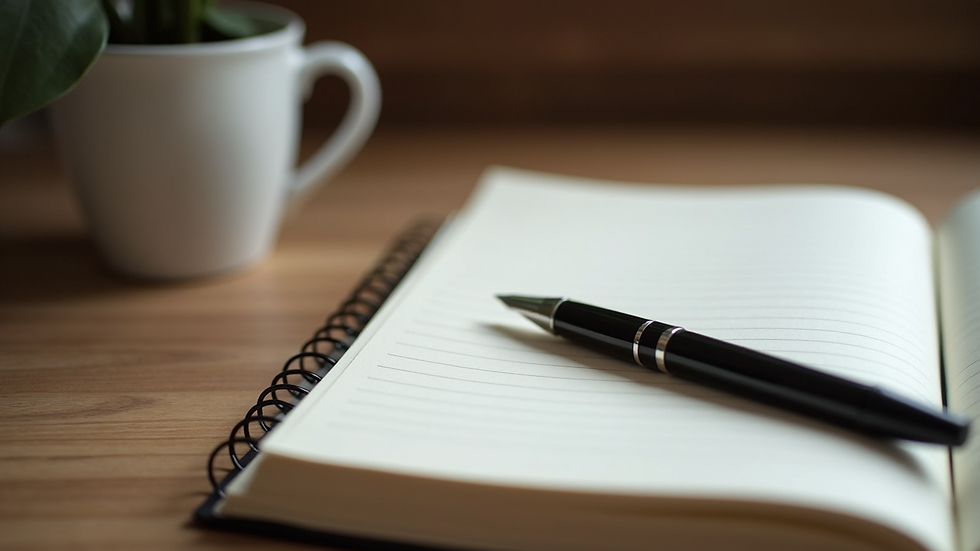 Close-up view of a journal and pen on a wooden desk