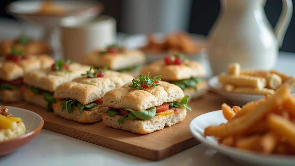 Close-up view of a neatly arranged office catering setup with sandwiches and snacks