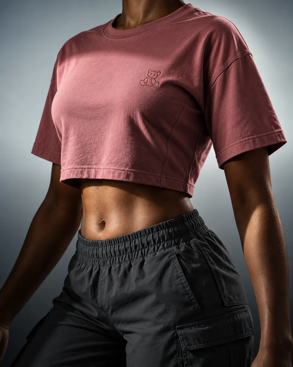 Dusty rose cropped T-shirt with embroidered teddy logo