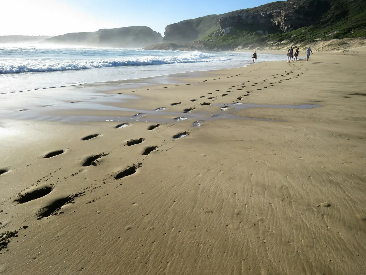 People walking along a wide sandy beach
