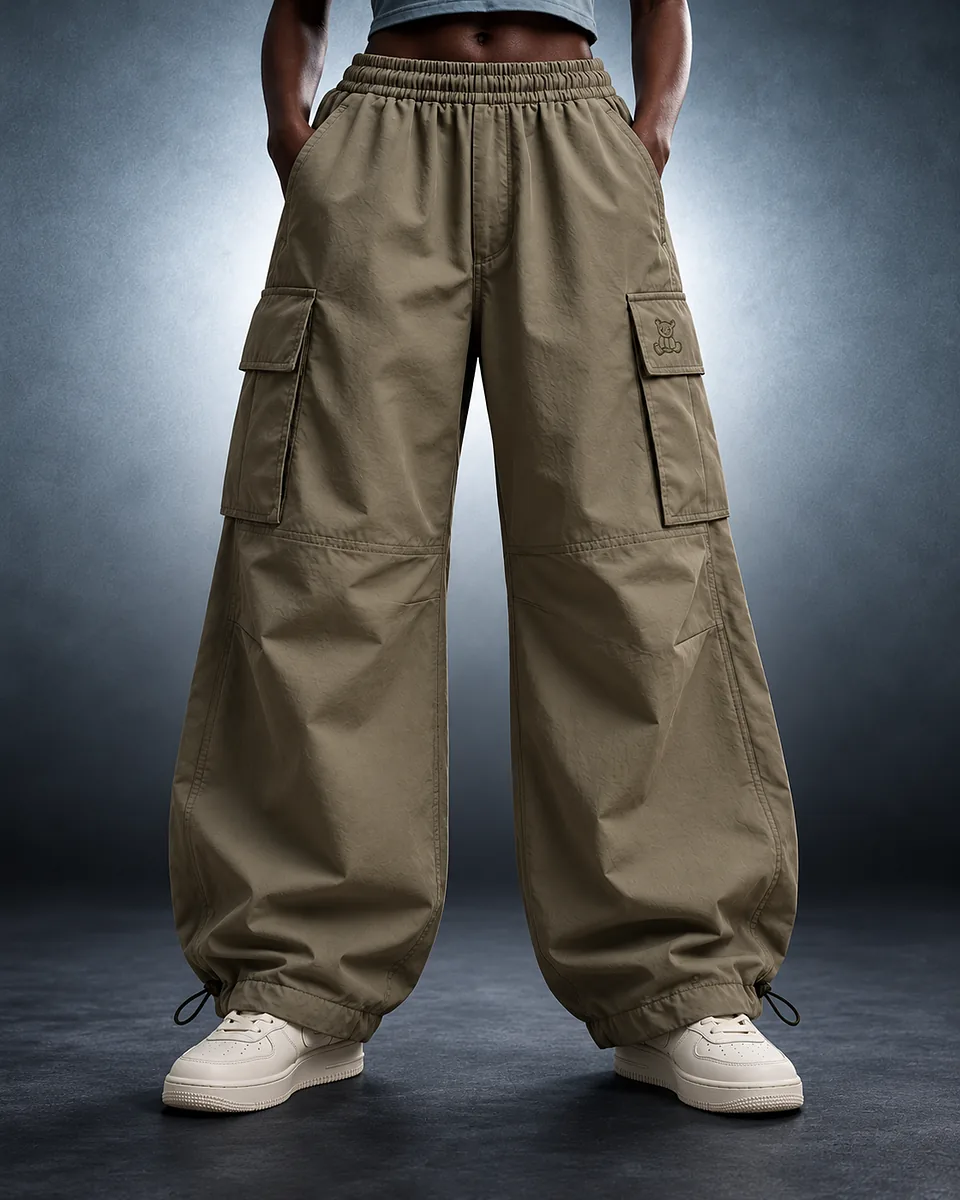 Stone olive baggy cargo trousers with drawcord hems
