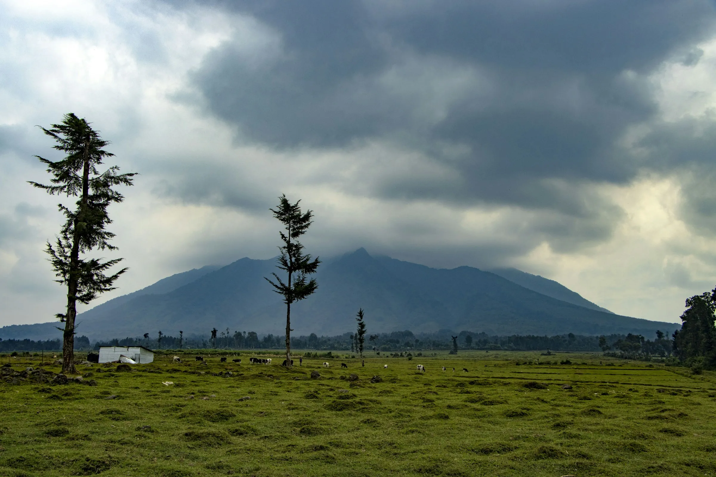 Volcanic peak above green grassland under a cloudy sky