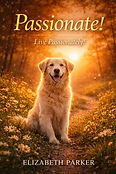 a golden retriever sitting on a path surrounded by daisies and a beautiful sunrise