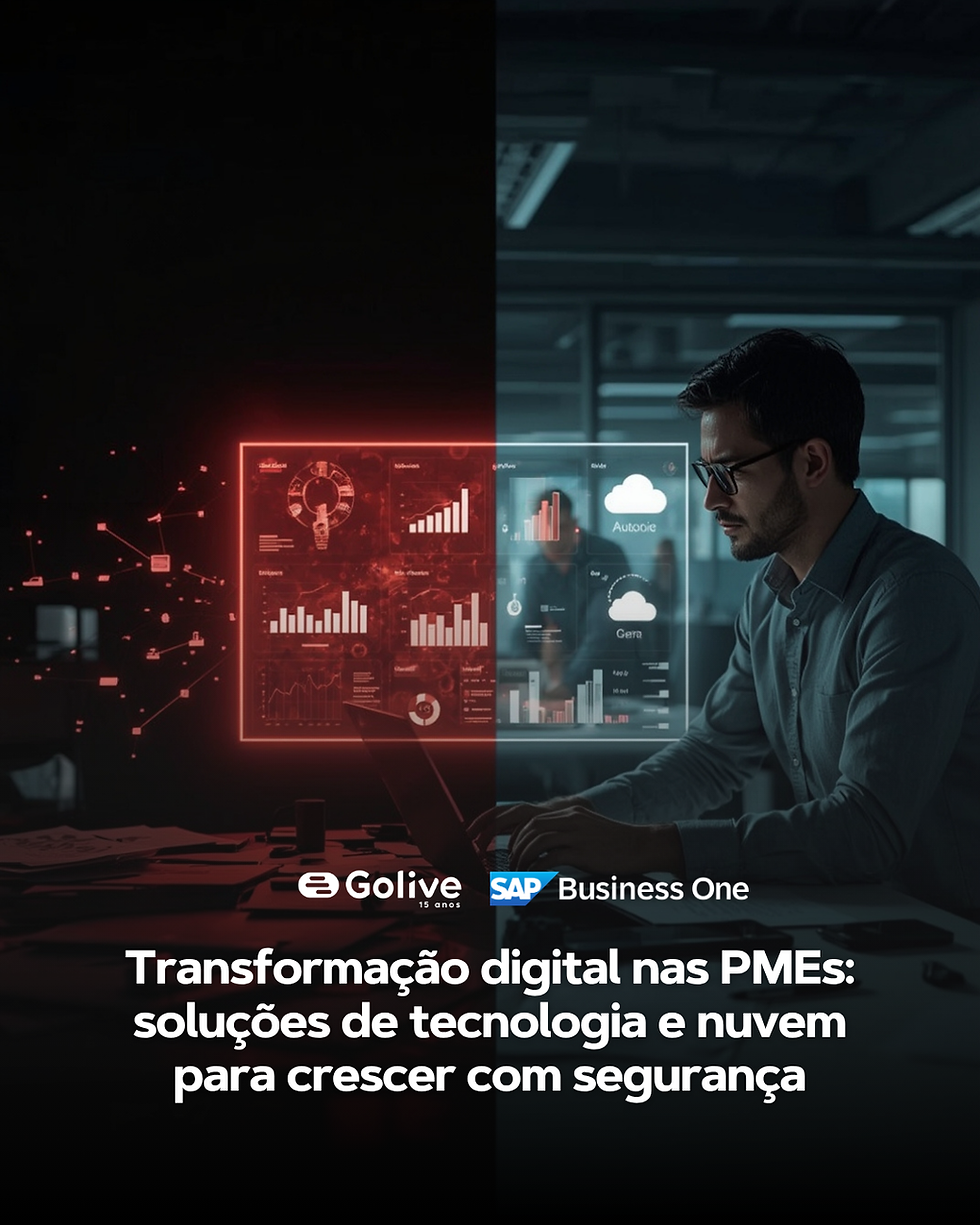 Gestor de PME utilizando sistema ERP em nuvem com dashboard digital em escritório moderno, com contraste entre processos manuais desorganizados e ambiente automatizado, representando transformação digital, integração de dados e otimização de processos empresariais.