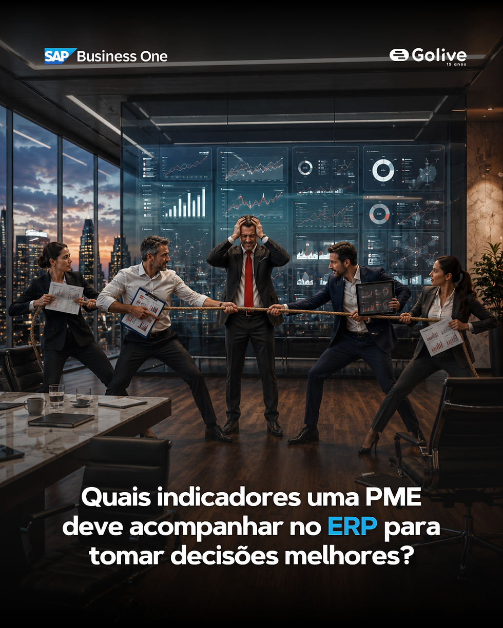 Equipe de gestores em uma reunião executiva utilizando dashboards de ERP para acompanhar indicadores financeiros e operacionais, como fluxo de caixa, lucratividade, estoque e desempenho de vendas, ilustrando a importância da gestão orientada por dados em pequenas e médias empresas.