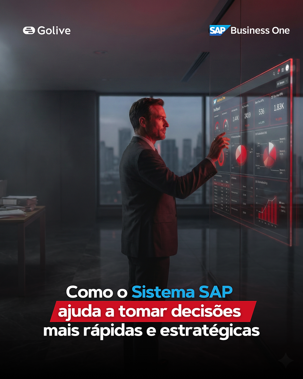 Executivo analisa dashboard estratégico de SAP Business One em tela digital vermelha da Golive, ilustrando como o sistema SAP ajuda a tomar decisões mais rápidas e eliminar o caos de planilhas manuais em empresas que buscam otimização de processos.