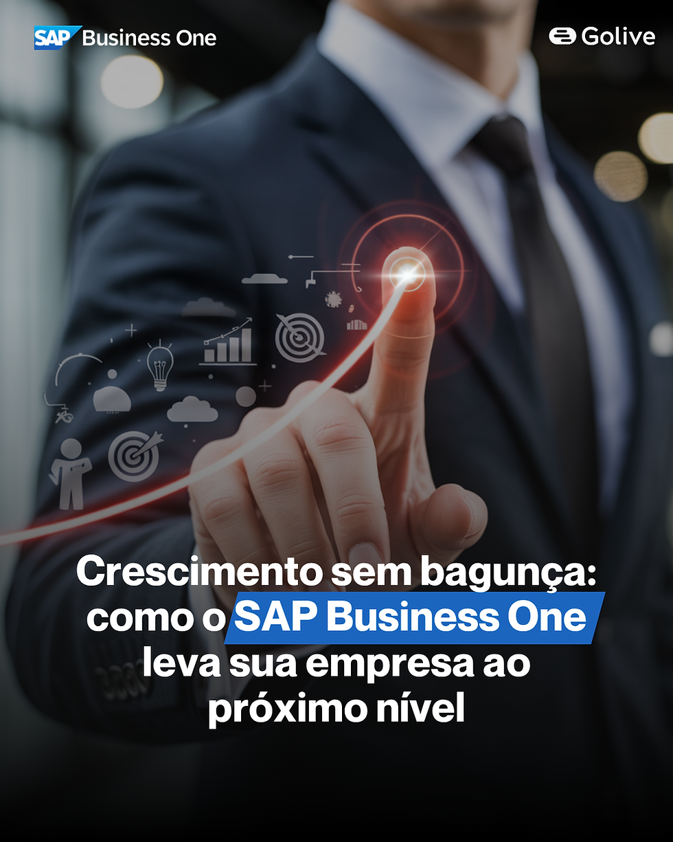 Imagem ultrarrealista de um escritório corporativo moderno, com equipe analisando dashboards de gestão e gráficos de desempenho em um grande monitor na parede. Quatro profissionais colaboram ao redor de uma mesa organizada com notebooks e tablet, simbolizando crescimento sem bagunça, processos integrados e tomadas de decisão inteligentes. A cena representa os benefícios do SAP Business One para empresas que desejam otimizar processos, ganhar visibilidade e escalar com estrutura.