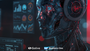 Imagem ultrarrealista de um escritório corporativo moderno com equipe analisando dashboards de Inteligência Artificial em notebooks, tablet e um grande monitor na parede. Quatro profissionais colaboram em torno de uma mesa, avaliando dados e insights estratégicos para otimizar processos empresariais. O ambiente possui luz natural, tecnologia em destaque e cores vermelho, preto, branco e cinza da paleta da Golive, transmitindo inovação, automação e preparação para as vantagens da IA.