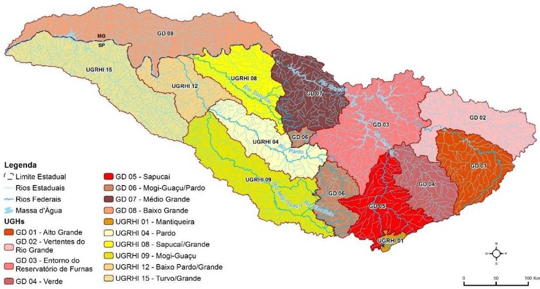 Mapa de referência das unidades de gestão hídrica da bacia do Rio Grande