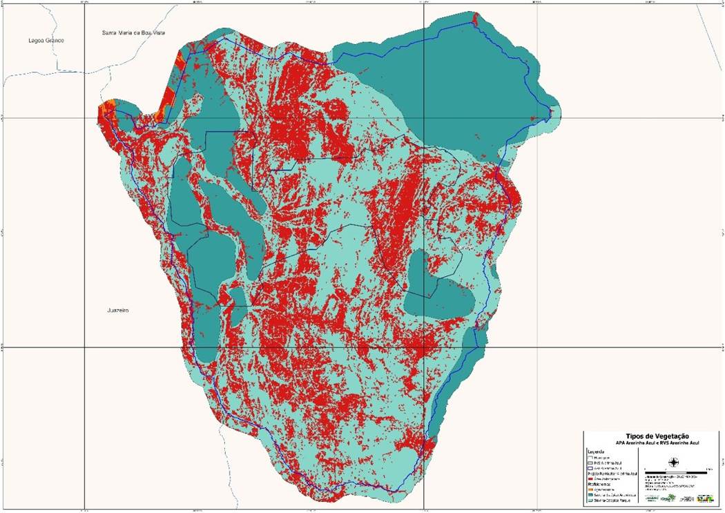 Mapa temático de desmatamento na APA e no Refúgio de Vida Silvestre da Ararinha Azul, produzido na consultoria Funbio