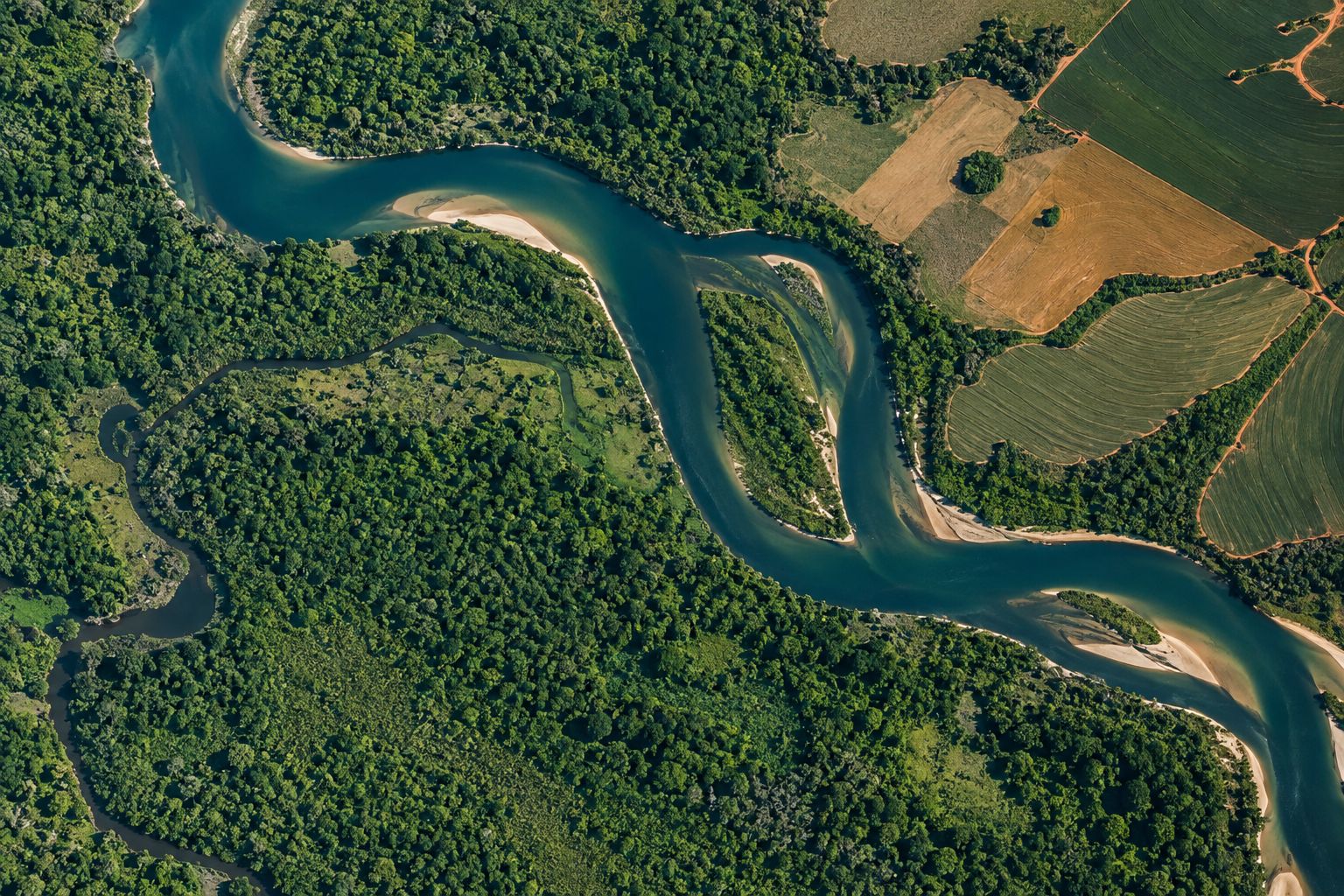 Vista aérea ilustrativa de rio, vegetação nativa e áreas agrícolas