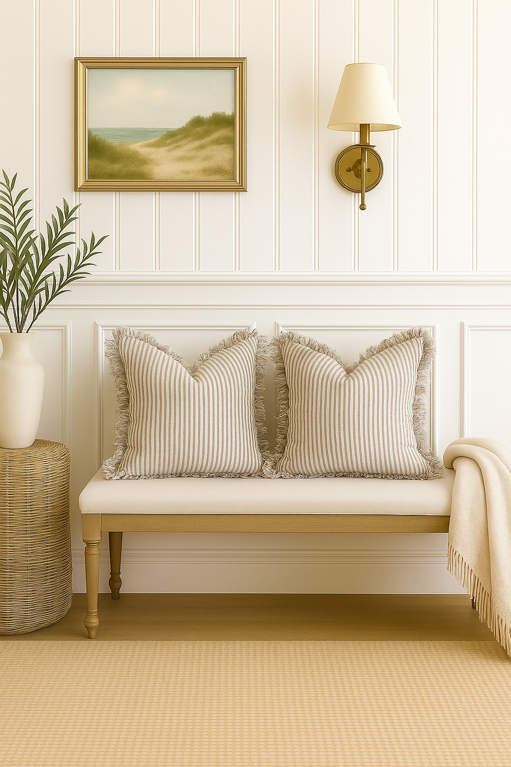 Pure French Linen Frayed Edge Ruffle Cushion - Grey Stripe