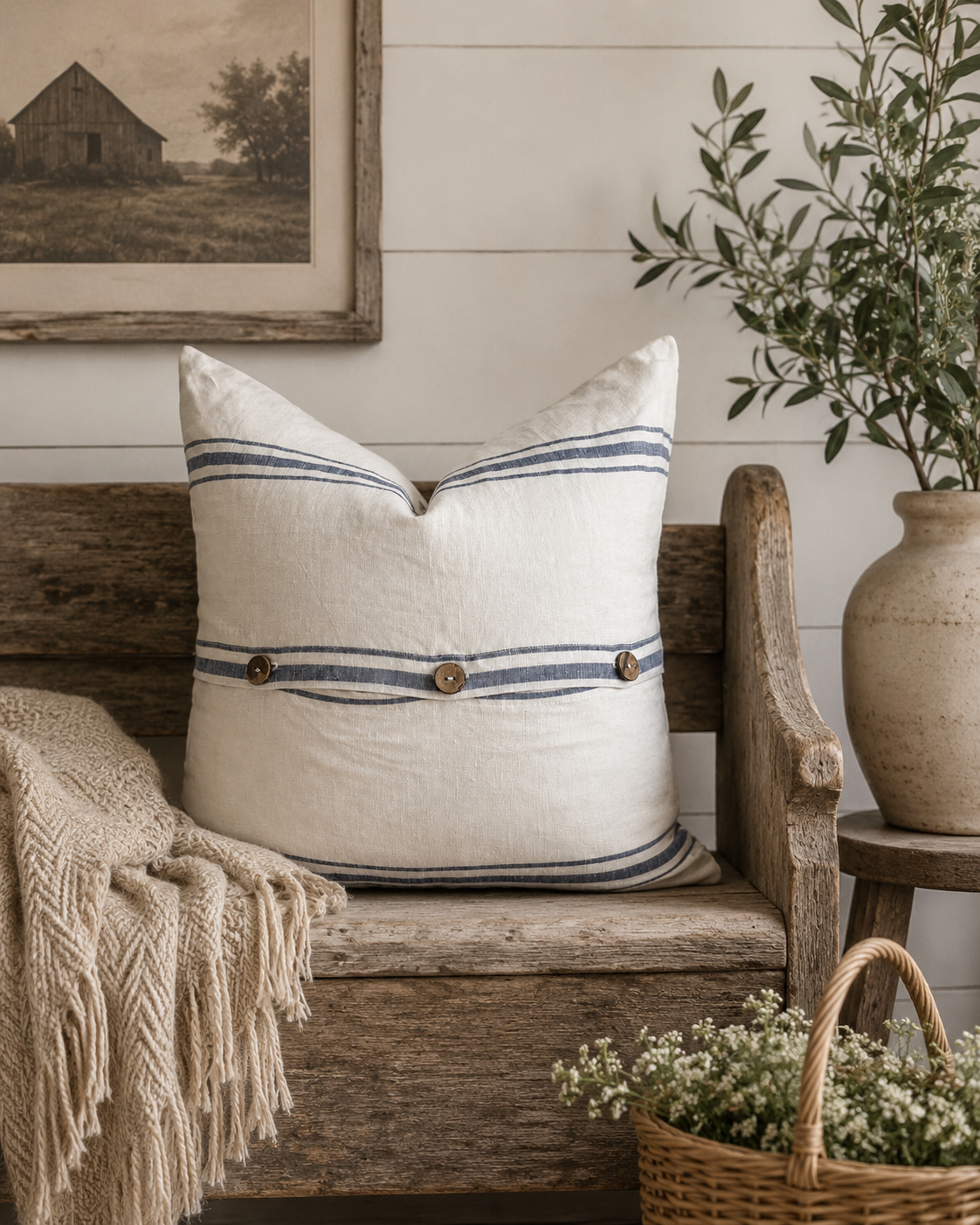 Pure French Linen Cushion Cover - Vintage Stripe - Navy