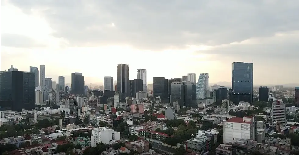 City skyline with a mix of towering skyscrapers and shorter buildings, highlighting diverse architecture and urban development.