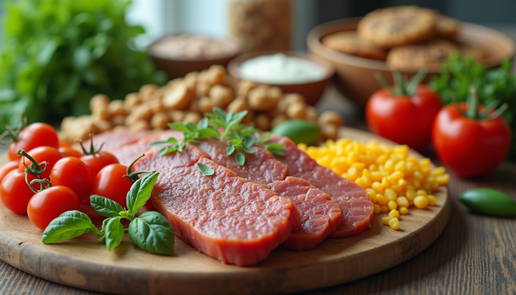 Vista a nivel de ojo de una mesa con alimentos saludables y balanceados