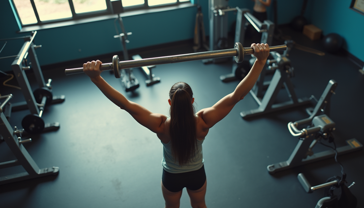 Vista aérea de una persona haciendo ejercicios de fuerza en un gimnasio vacío