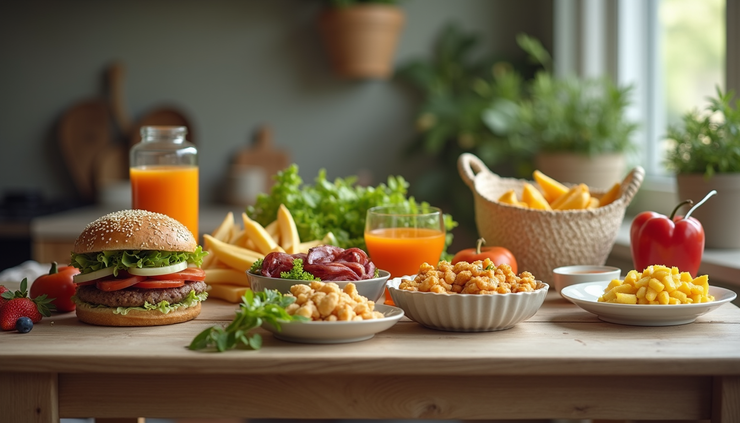 Vista lateral de una mesa con alimentos saludables para un día de recarga de carbohidratos