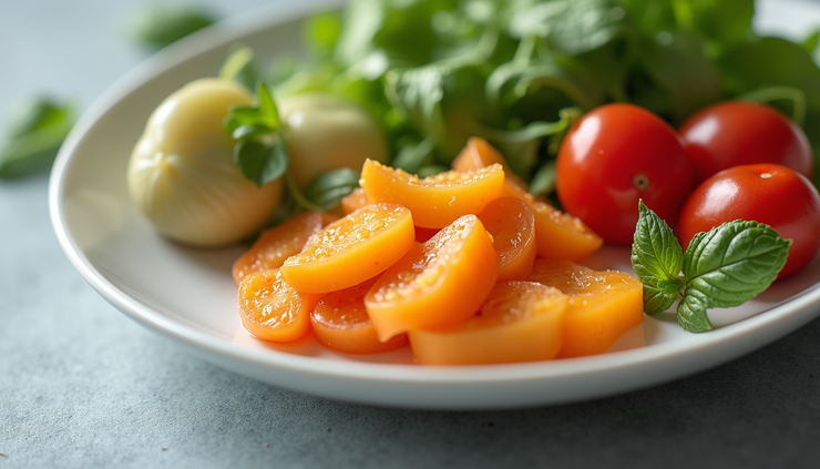 Vista a nivel de ojo de un plato con alimentos frescos y coloridos, representando una comida limpia y saludable