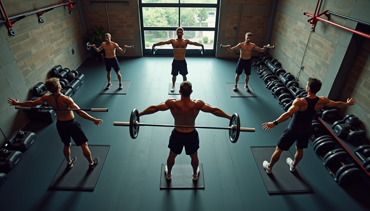 Vista aérea de una sesión de entrenamiento HIIT en un gimnasio con personas haciendo ejercicios intensos