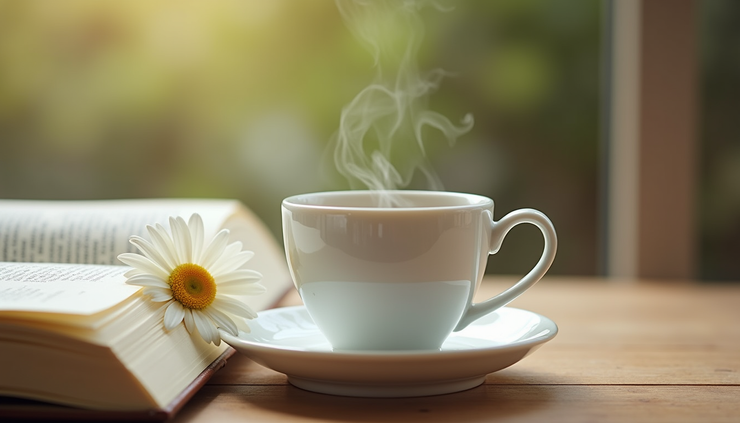 Vista de cerca de una taza de té de manzanilla sobre una mesa junto a un libro abierto