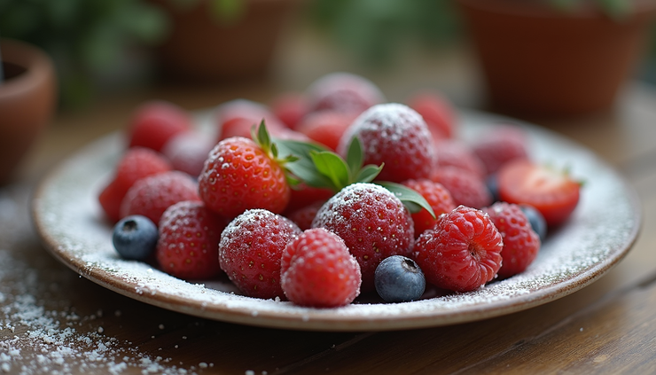 Vista a nivel de ojo de un plato con frutas frescas y azúcar en polvo