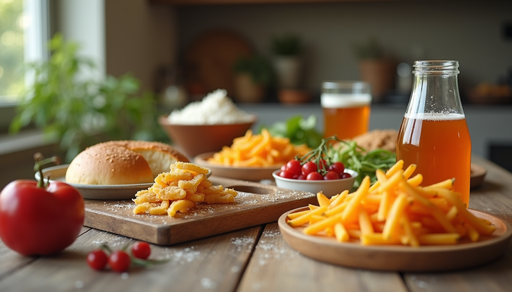 Vista a nivel de ojo de una mesa con alimentos procesados y bebidas azucaradas, contraponiendo una dieta antiinflamatoria