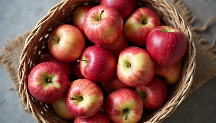 Vista cenital de manzanas frescas en una cesta de mimbre