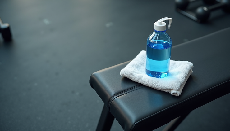 Vista aérea de botella de agua y toalla en banco de gimnasio