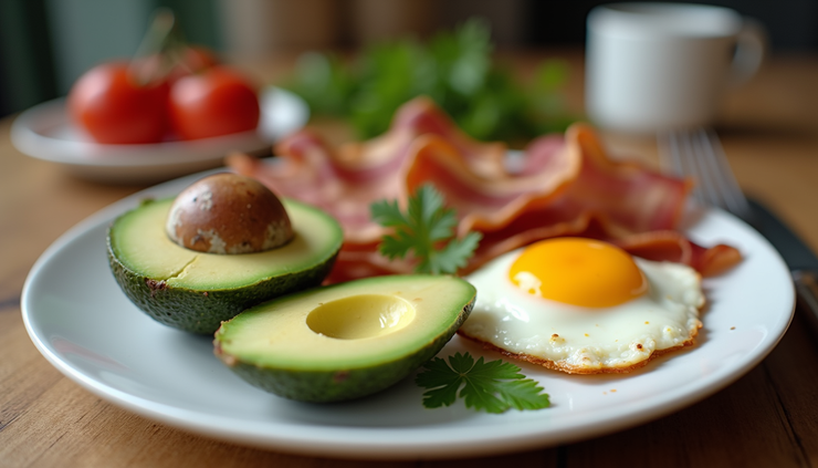 Vista a nivel de ojo de un plato con alimentos cetogénicos variados