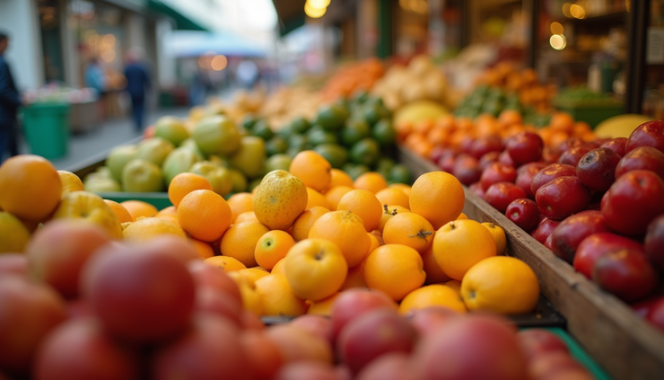 Vista a nivel de ojo de una variedad de frutas frescas en un mercado local
