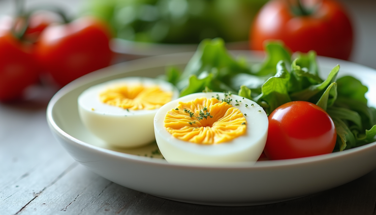 Vista cercana de un plato con huevos cocidos y vegetales frescos
