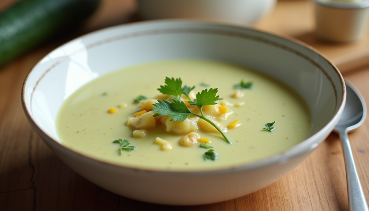 Vista lateral de crema de calabacín en plato blanco con toque de jengibre
