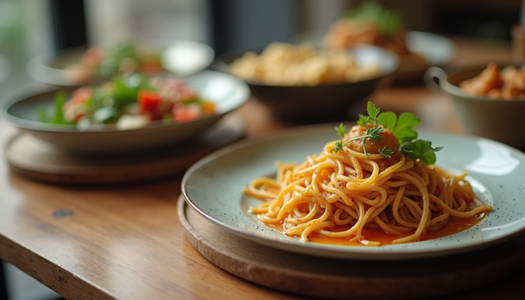 Vista a nivel de ojo de una mesa de comedor con platos caseros saludables
