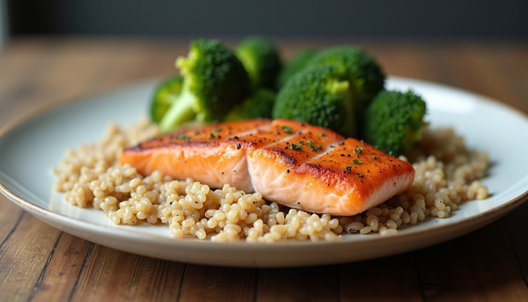 Vista lateral de un plato con salmón al horno, brócoli y arroz integral