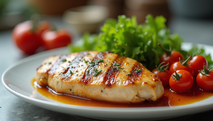 Vista a nivel de ojo de un plato con pechuga de pollo a la plancha y verduras frescas