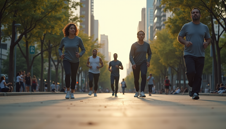 Vista a nivel de calle de un parque urbano con personas haciendo ejercicio al aire libre