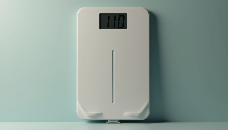 Vista frontal de una báscula digital que muestra composición corporal
