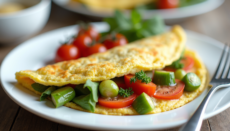 Vista lateral de una tortilla de claras con vegetales frescos en un plato blanco