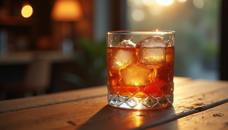 Vista a nivel de ojo de un vaso con bebida alcohólica y hielo sobre una mesa de madera