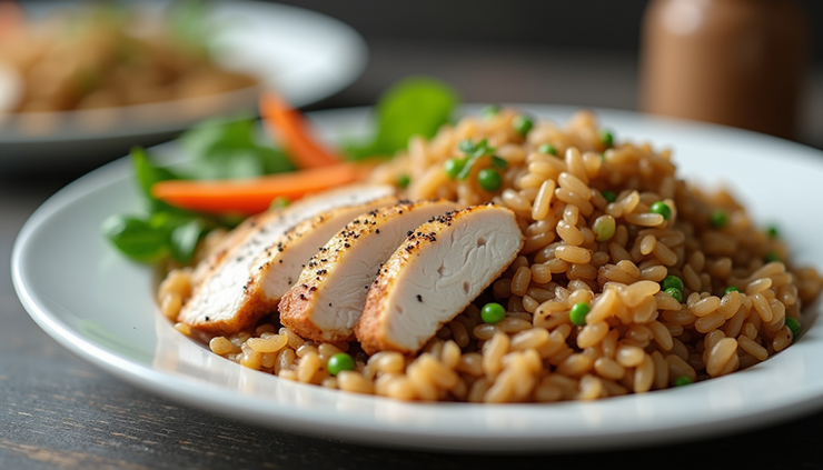 Vista a nivel de ojo de un plato con arroz integral y pechuga de pollo, alimentos ricos en carbohidratos complejos