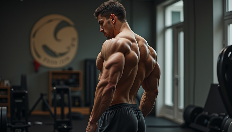 Vista lateral de un culturista con baja grasa corporal mostrando definición muscular