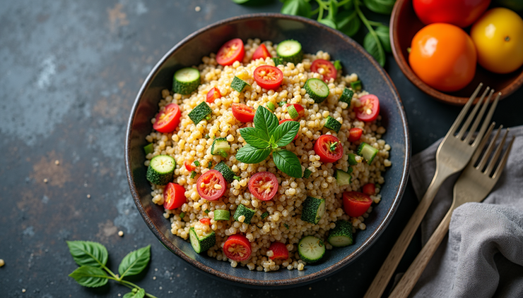 Vista aérea de un plato colorido con ensalada de quinoa y vegetales frescos
