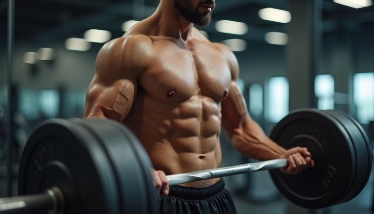 Vista de perfil de un atleta levantando pesas con baja grasa corporal